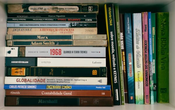 A neatly arranged bookshelf featuring books on economics, politics, and literature in Portuguese.